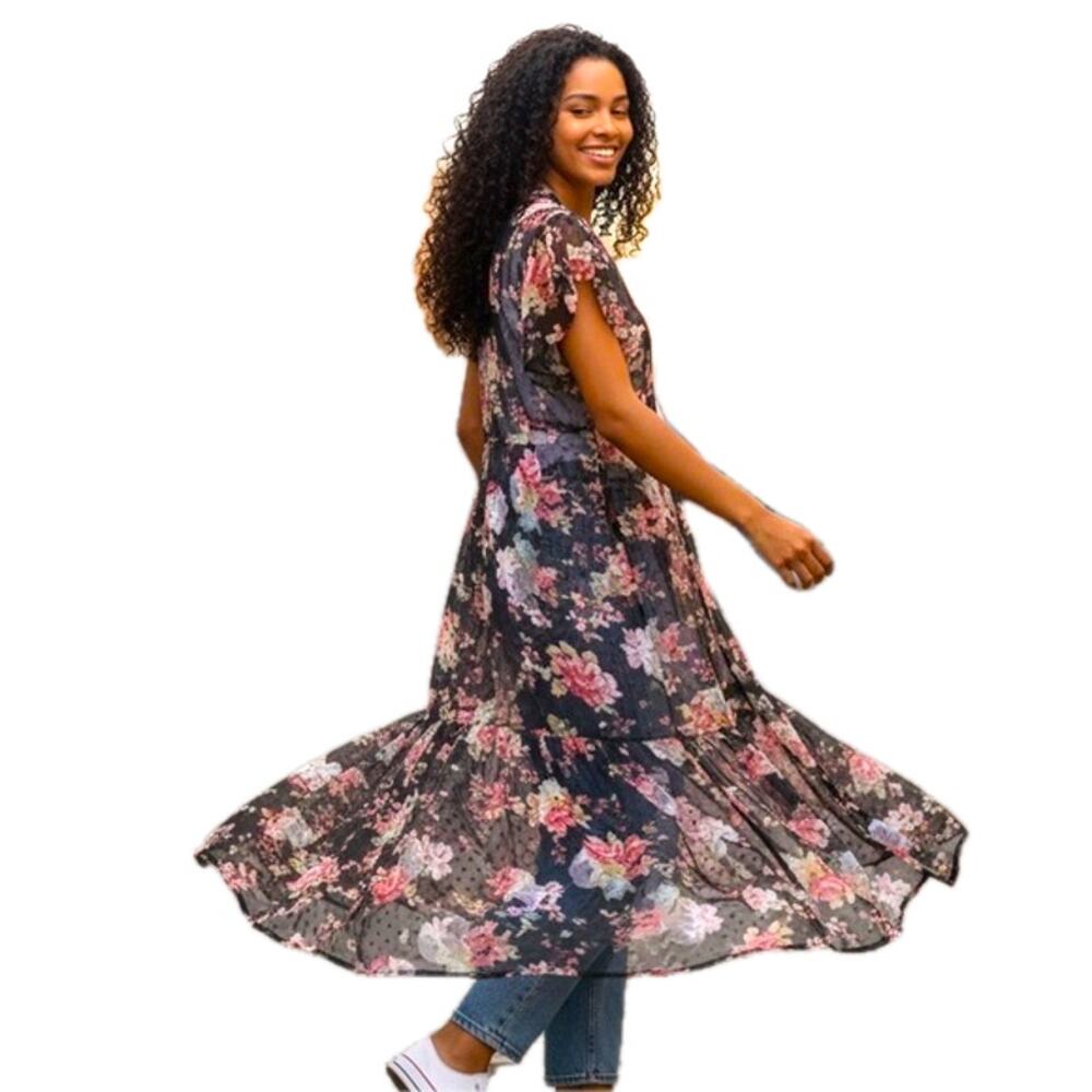Betsey Johnson Floral Chiffon Ruffle Kimono Duster – OSFM